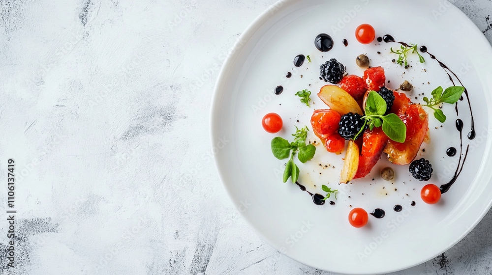 MOLECULAR CUISINE, MINIMUM FOOD ON A BEAUTIFUL WHITE PLATE MOLECULAR CUISINE, MINIMUM FOOD ON A BEAUTIFUL WHITE PLATE