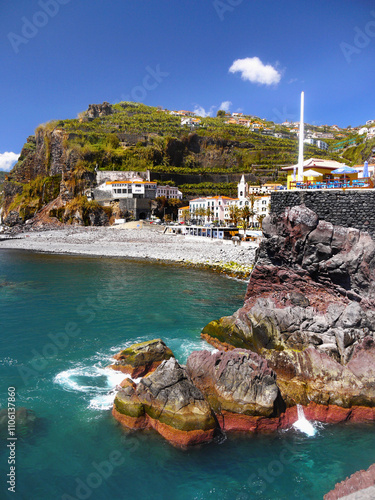 Madeira island, Ponta do Sol white beach. Sea coastline. 