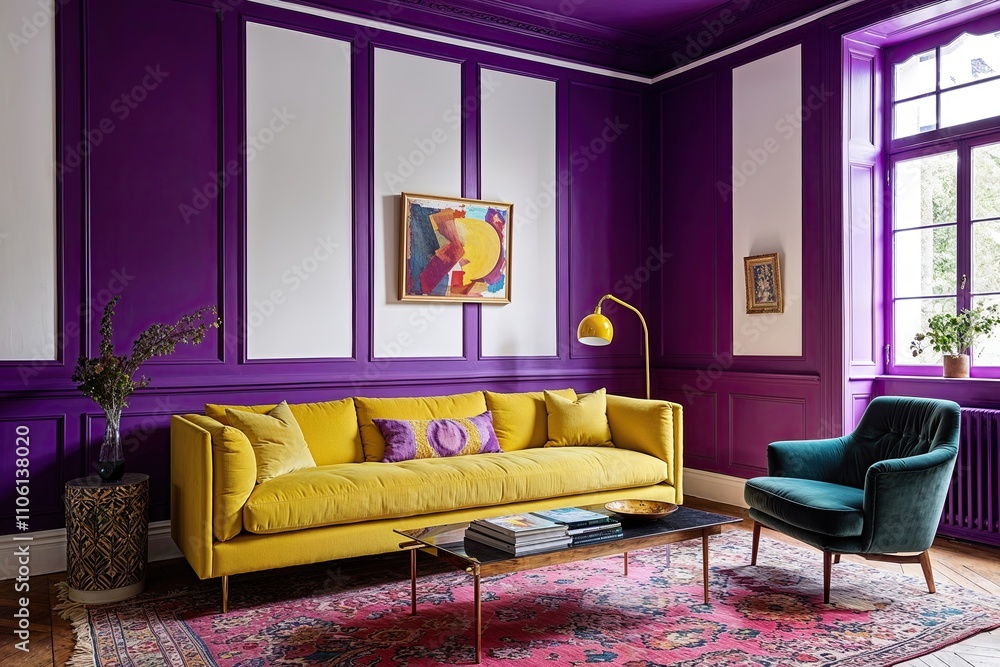 Vibrant Yellow Sofa in Artistic Living Room with Bold Violet and White Walls