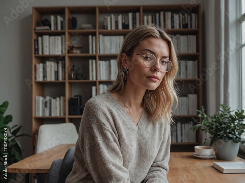 Confident woman with glasses in office with bookshelves in the background photo