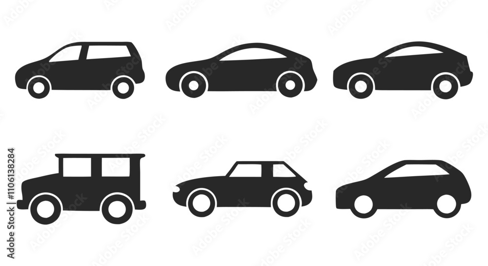 Set of black car outline art icons on a white background with simple and clear lines Set of black car outline art icons on a white background with simple and clear lines