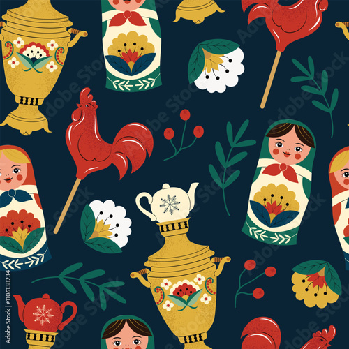 Seamless pattern with Russian symbols, samovar, matryoshka and rooster lollipop on the stick. Hand drawn vector illustration with blue background