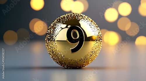 Gleaming Golden Lottery Ball with Vibrant Number 9 on Minimalist Background