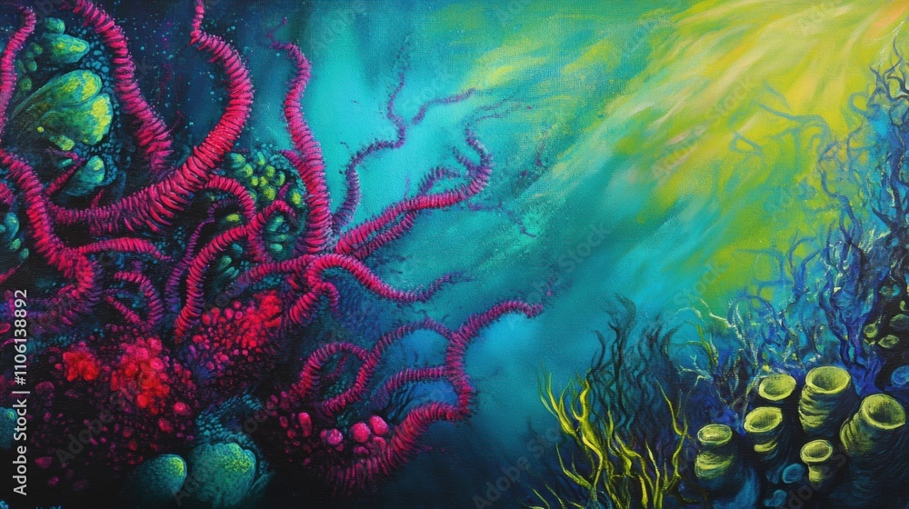 Abstract coral-like underwater shapes in vivid shades of magenta, turquoise, and green, resembling an alien reef glowing with life, surrounded by a surreal oceanic atmosphere. Abstract coral-like underwater shapes in vivid shades of magenta, turquoise, and green, resembling an alien reef glowing with life, surrounded by a surreal oceanic atmosphere.