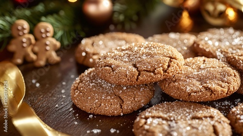 Close up of gingersnaps topped with sugar crystals, styled with festive ribbon and gingerbread figurines