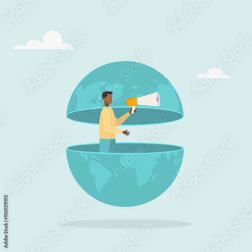 World economic vision of business, work or investment. A character with a megaphone broadcasts from the globe. Flat vector illustration.