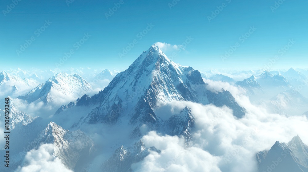 Majestic Snow-Covered Mountain Range with Clear Blue Sky and Rolling Clouds Majestic Snow-Covered Mountain Range with Clear Blue Sky and Rolling Clouds
