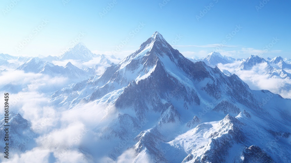 Majestic Snow-Covered Mountain Range with Clear Blue Sky and Rolling Clouds Majestic Snow-Covered Mountain Range with Clear Blue Sky and Rolling Clouds