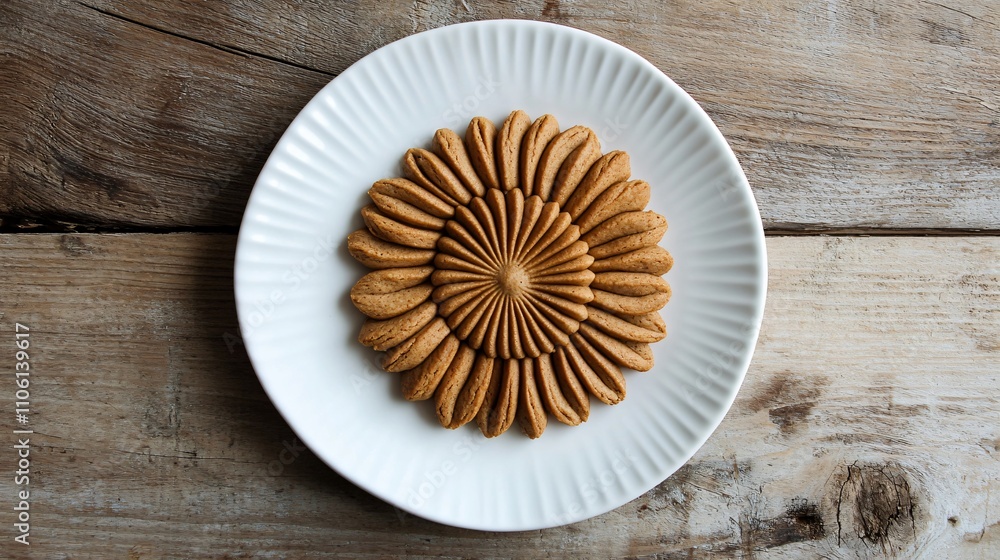 Flat lay of gingersnaps arranged in a circular pattern on a white plate, with a rustic wooden background Flat lay of gingersnaps arranged in a circular pattern on a white plate, with a rustic wooden background