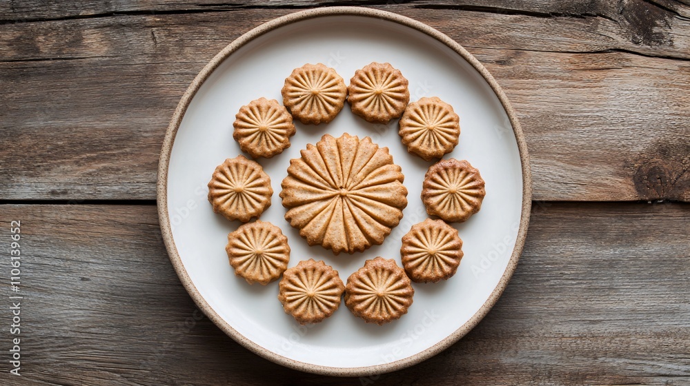Flat lay of gingersnaps arranged in a circular pattern on a white plate, with a rustic wooden background Flat lay of gingersnaps arranged in a circular pattern on a white plate, with a rustic wooden background