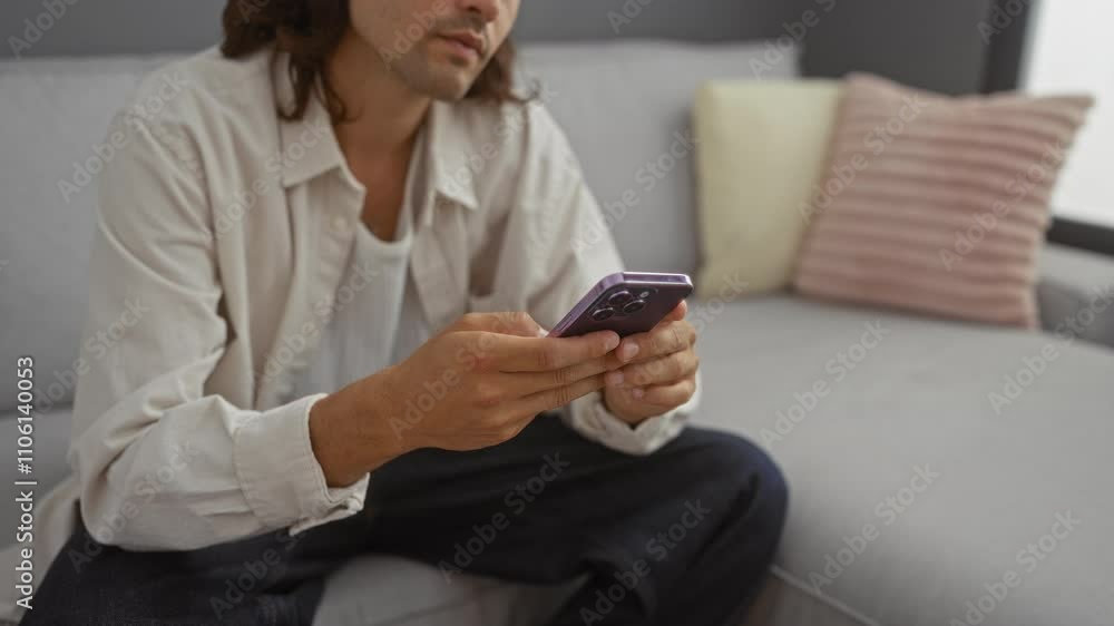 Young man using smartphone in cozy living room, relaxing on comfortable couch with stylish pillows Young man using smartphone in cozy living room, relaxing on comfortable couch with stylish pillows