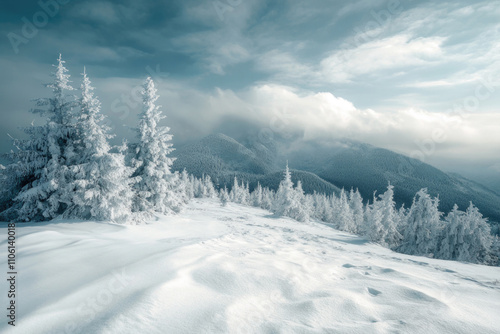 A breathtaking frozen landscape featuring snow-covered pine trees and distant mountains under a vast sky, representing tranquility and natural beauty.