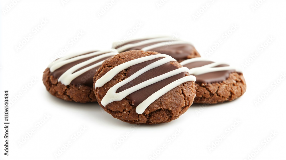 Gingersnaps dipped in dark chocolate and decorated with white drizzle, isolated on a plain white background Gingersnaps dipped in dark chocolate and decorated with white drizzle, isolated on a plain white background