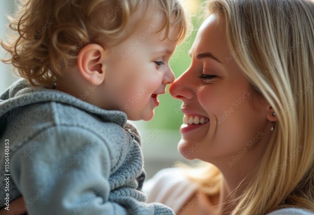 A radiant mother and her curly-haired toddler share a heartwarming moment, their noses almost touching as they beam at each other with pure joy. The soft, natural light highlights their smiles A radiant mother and her curly-haired toddler share a heartwarming moment, their noses almost touching as they beam at each other with pure joy. The soft, natural light highlights their smiles