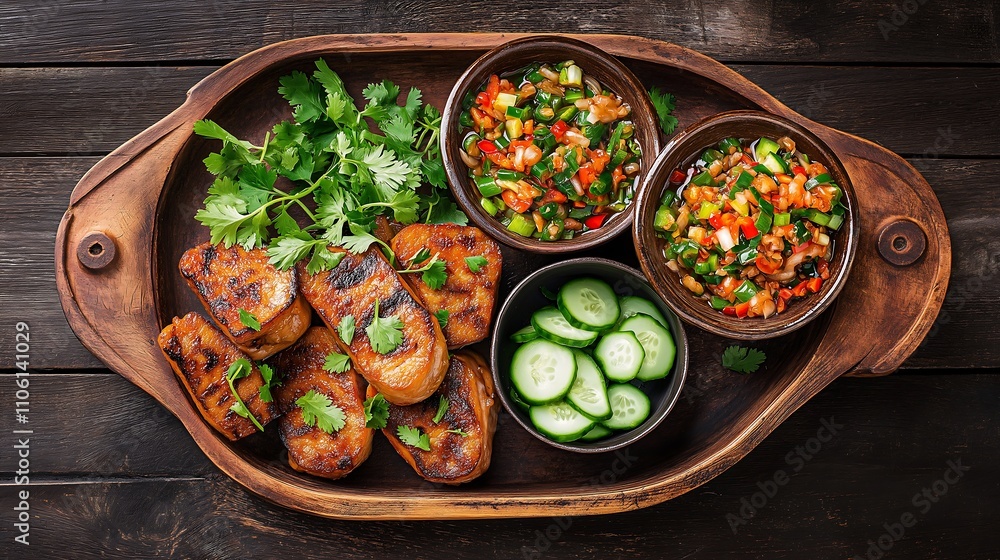 A vibrant platter featuring grilled meat, fresh herbs, and colorful side dishes, perfect for a flavorful meal. A vibrant platter featuring grilled meat, fresh herbs, and colorful side dishes, perfect for a flavorful meal.