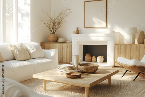  Scandinavian style home interior design of modern living room. Minimalist room with white furniture, fireplace, wooden accents and decorative branches in ceramic vase. 