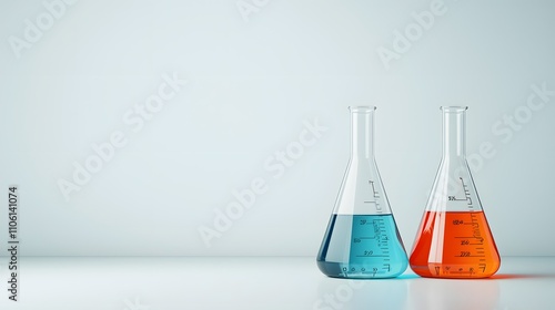 Conical flasks and volumetric flasks side by side, partially filled with vibrant chemicals, placed on a white background.