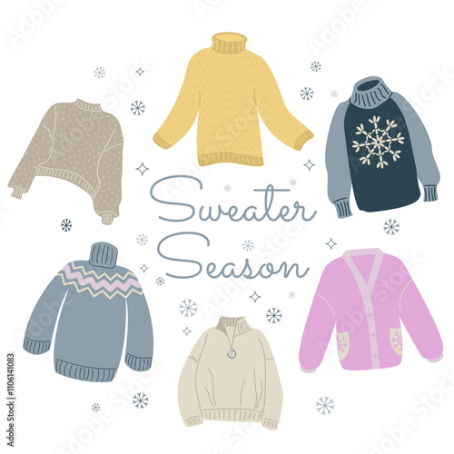 Set of sweater for sale banner, cozy winter, knitting hobby theme card, flyer, web banner, invitation Isolated on white background