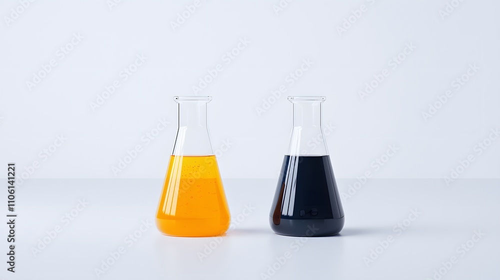 Conical flasks and volumetric flasks side by side, partially filled with vibrant chemicals, placed on a white background. Conical flasks and volumetric flasks side by side, partially filled with vibrant chemicals, placed on a white background.