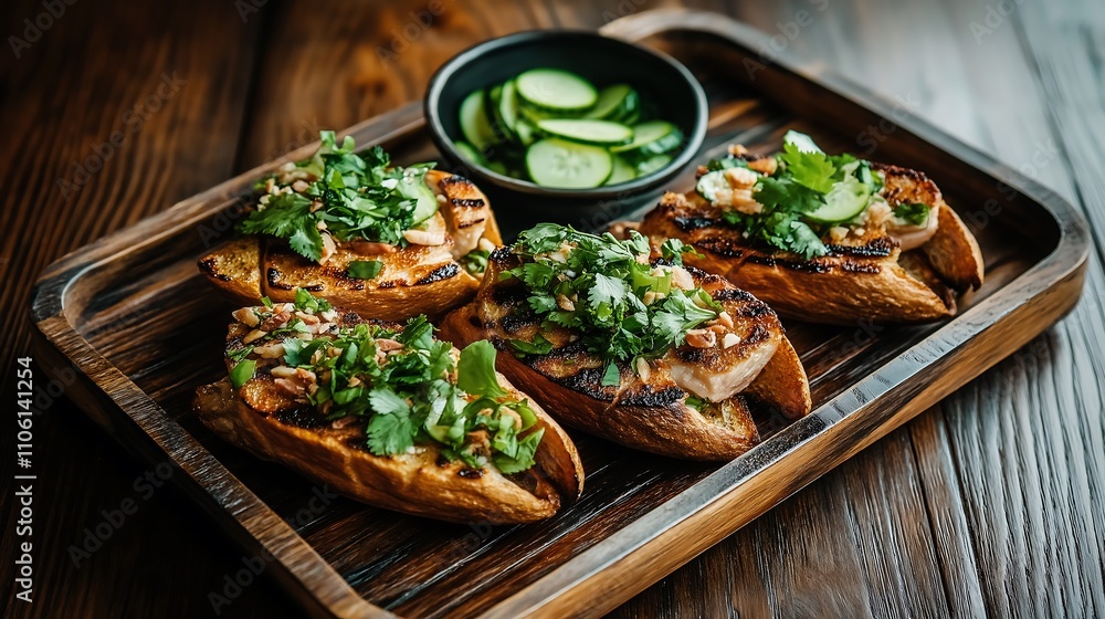 A wooden platter holds grilled bread topped with fresh herbs, served alongside a bowl of sliced cucumbers. A wooden platter holds grilled bread topped with fresh herbs, served alongside a bowl of sliced cucumbers.