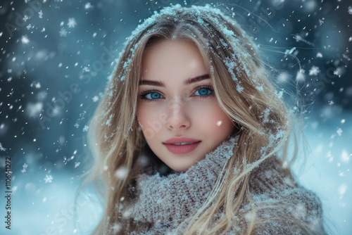 A captivating portrait of a woman with striking blue eyes and snowflakes settled in her blonde hair, embracing the beauty and serenity of a gentle snowfall.