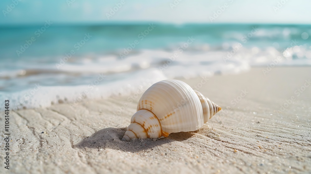 Solitary White Seashell Resting on a Calm Sandy Beach, Capturing the Tranquility of the Moment in a Beautiful Close-Up Shot Solitary White Seashell Resting on a Calm Sandy Beach, Capturing the Tranquility of the Moment in a Beautiful Close-Up Shot