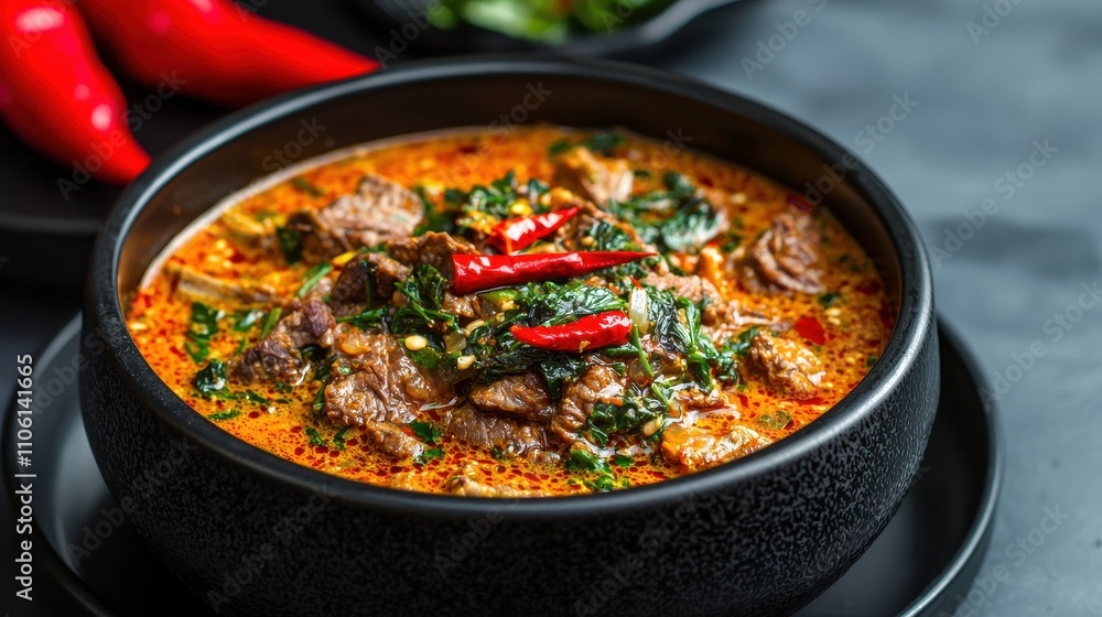 Spicy beef curry close-up cozy restaurant kitchen food photography experience Spicy beef curry close-up cozy restaurant kitchen food photography experience