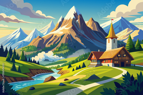 Switzerland mountain sunny weather vector art