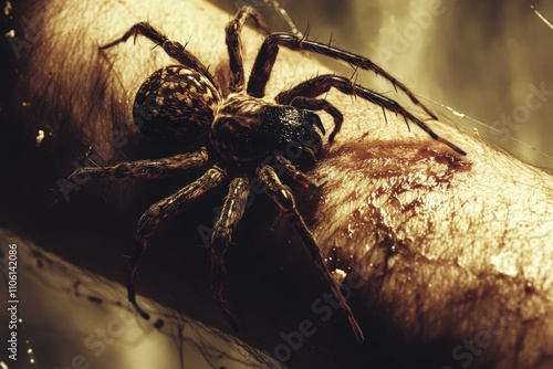 Spider Bite. Arachnophobia Concept - Poisonous Spider Biting on Person's Arm photo