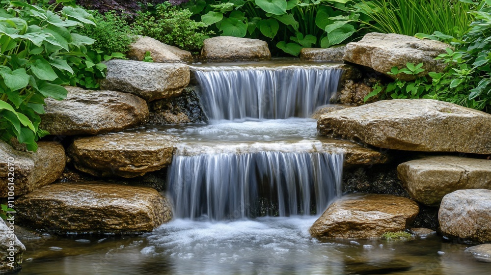 Serene cascading waterfall in a lush garden. Serene cascading waterfall in a lush garden.