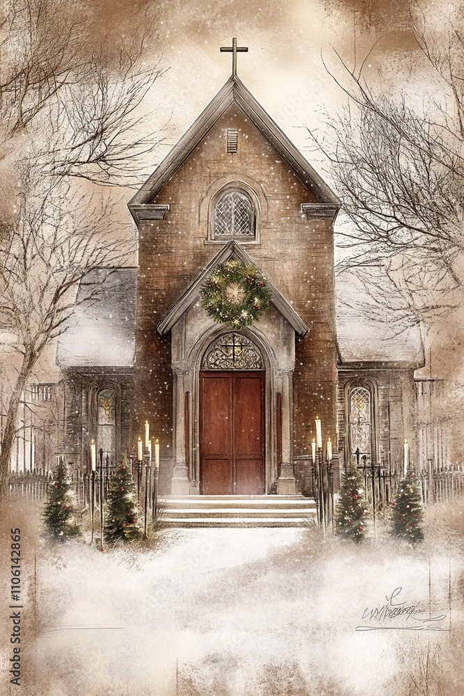 peaceful and reflective Epiphany greeting card featuring a candlelit church service, capturing the spiritual essence of the holiday. The soft glow of candles and the wreaths at the church entrance set peaceful and reflective Epiphany greeting card featuring a candlelit church service, capturing the spiritual essence of the holiday. The soft glow of candles and the wreaths at the church entrance set
