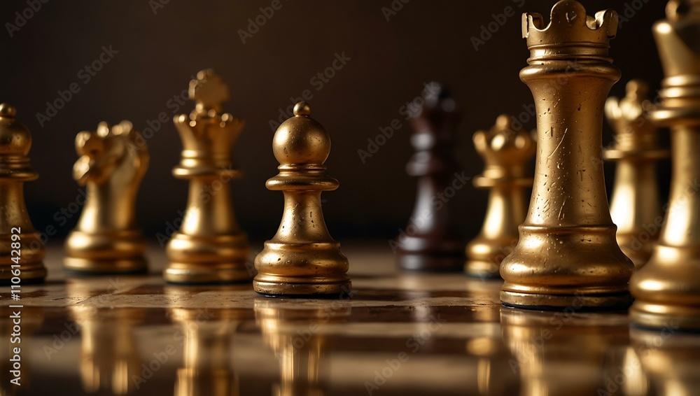 Golden chess pieces against a strategic backdrop. Golden chess pieces against a strategic backdrop.