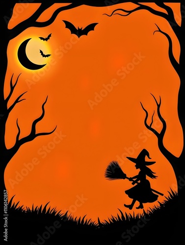 Halloween-Themed Background with Witch's Broomstick and Crescent Moon on Orange and Black Wall