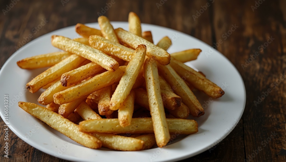 Golden crispy French fries on a white plate, fast snack. Golden crispy French fries on a white plate, fast snack.