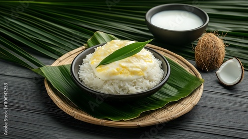 A bowl of fragrant rice topped with coconut milk and pandan leaves, served on a natural plate with a side of creamy milk, evoking a tropical culinary experience. photo