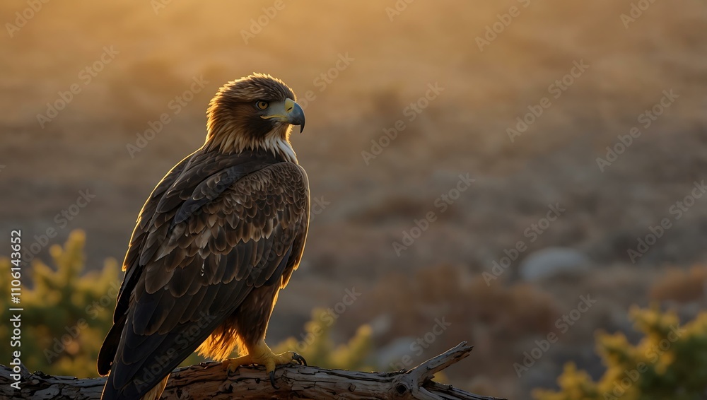 Fototapeta premium Golden eagle perched on a branch at sunset.