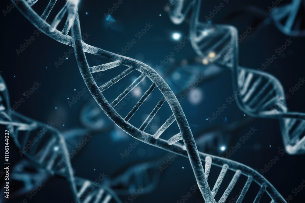 DNA strands, twirling and interconnected, against a dark background. DNA strands, twirling and interconnected, against a dark background.