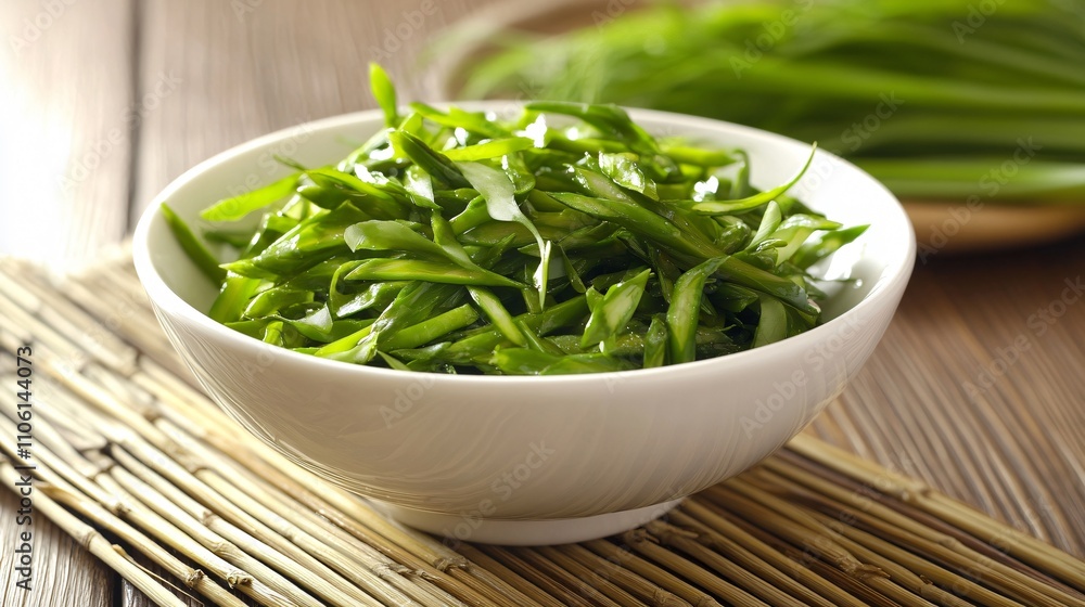 A modern presentation of Chinese asparagus salad in a white porcelain bowl, with a rustic bamboo mat underneath A modern presentation of Chinese asparagus salad in a white porcelain bowl, with a rustic bamboo mat underneath