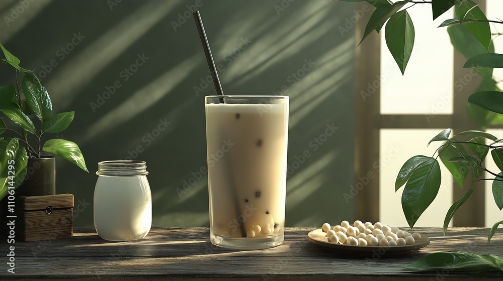 A refreshing beverage sits beside a small jar of milk and a plate of cookies, surrounded by green plants and soft sunlight. A refreshing beverage sits beside a small jar of milk and a plate of cookies, surrounded by green plants and soft sunlight.