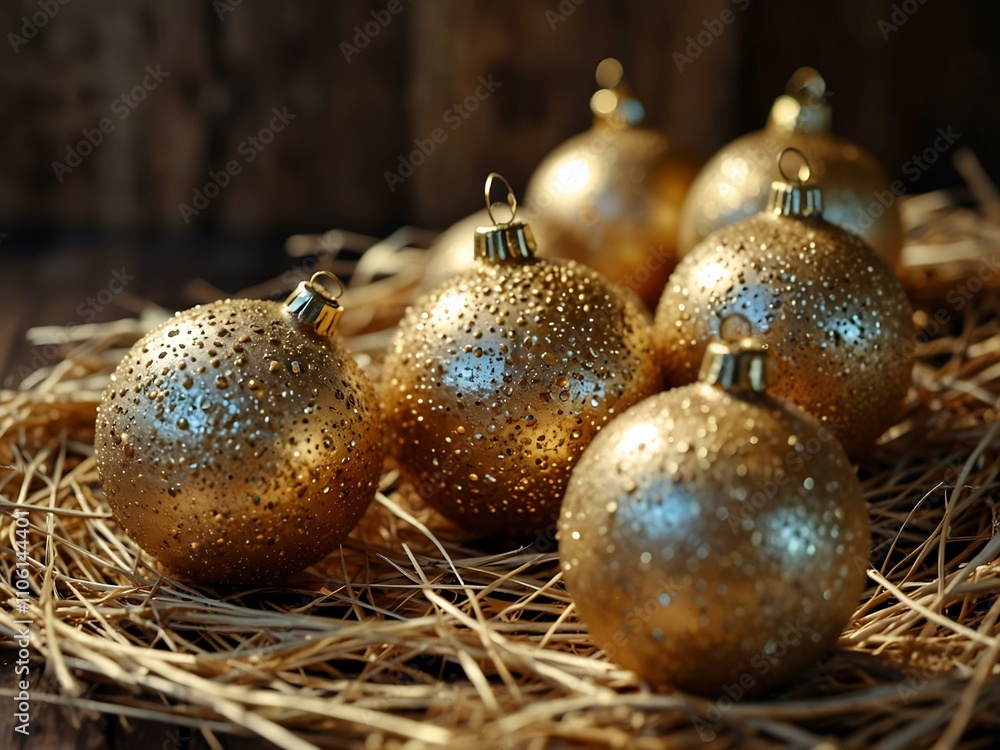 Golden glitter Christmas ornaments on rustic straw. Golden glitter Christmas ornaments on rustic straw.