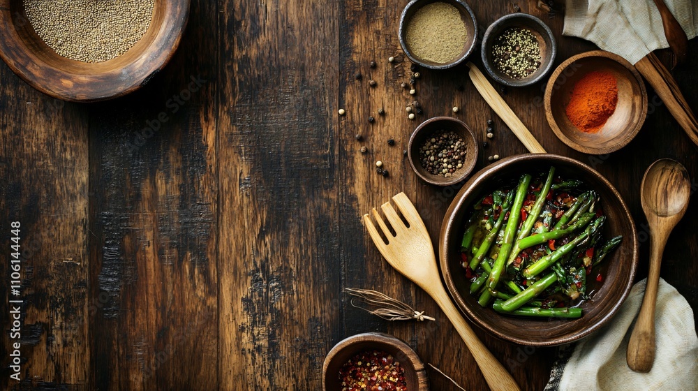 A rustic tabletop featuring Chinese asparagus salad, wooden utensils, and small bowls of seasoning spices A rustic tabletop featuring Chinese asparagus salad, wooden utensils, and small bowls of seasoning spices