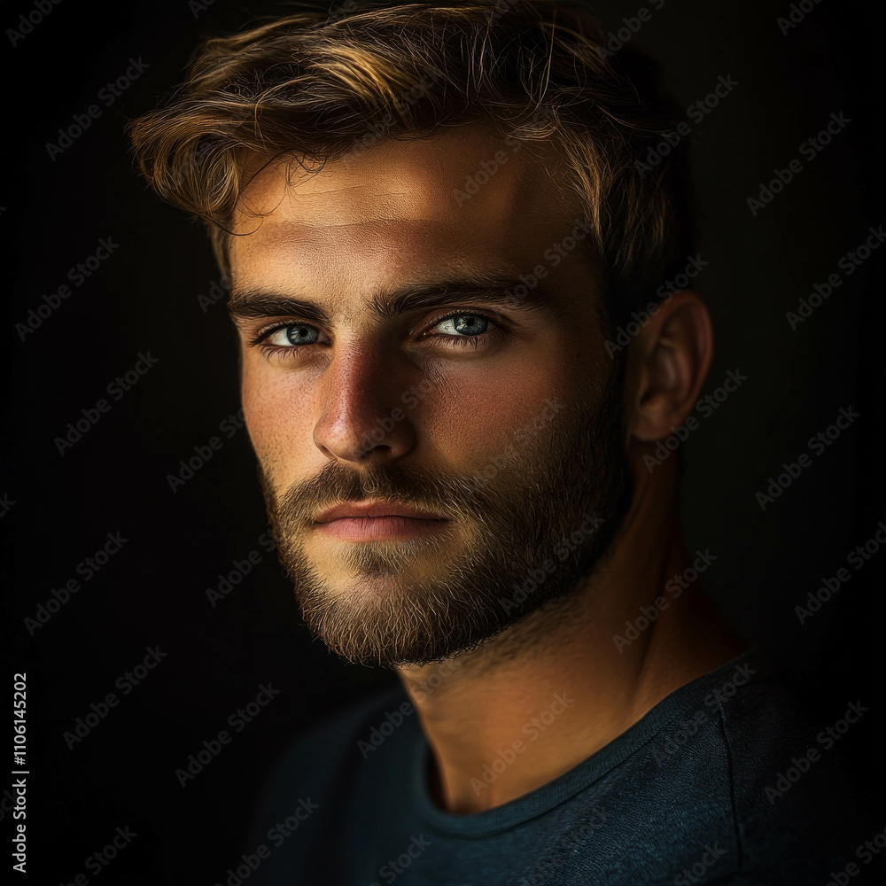Portrait of a handsome man, frontal view, dark background, photorealistic Portrait of a handsome man, frontal view, dark background, photorealistic
