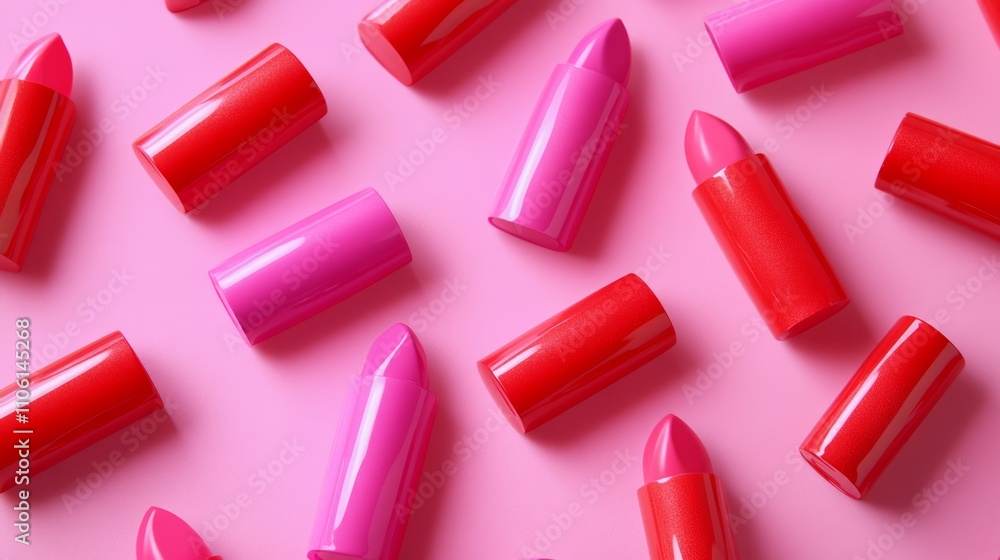 Flat lay of red and pink lipsticks scattered on a pink background. Flat lay of red and pink lipsticks scattered on a pink background.