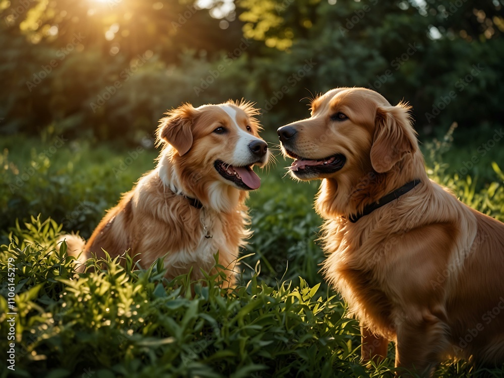 Golden hour with happy pets in lush greenery. Golden hour with happy pets in lush greenery.