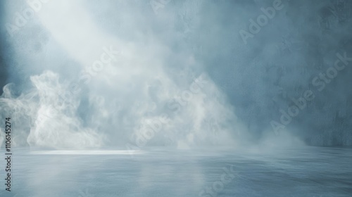 A serene ocean surface blanketed by mist, reflecting soft clouds and light from a bright sky. The calm atmosphere evokes tranquility during early morning or evening.