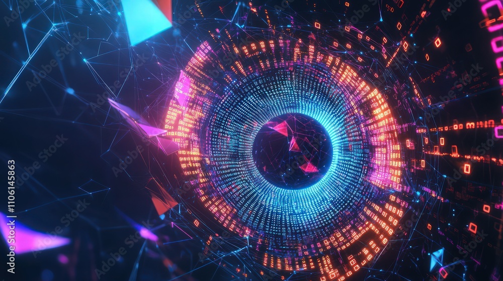 A digital vortex made of spinning binary codes in bright neon colors, surrounded by a glowing mesh of geometric shapes, all on a dark, futuristic background. A digital vortex made of spinning binary codes in bright neon colors, surrounded by a glowing mesh of geometric shapes, all on a dark, futuristic background.