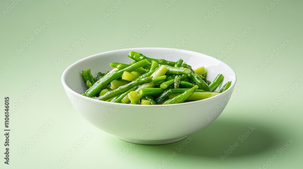 Chinese asparagus salad served in a deep white bowl, isolated on a pastel green background with subtle shadows Chinese asparagus salad served in a deep white bowl, isolated on a pastel green background with subtle shadows