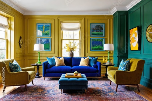 Vibrant Living Room Featuring Deep Blue Sofa and Colorful Mustard Yellow Olive Green Paneling photo