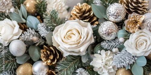 Modern holiday wreath featuring gold-painted pinecones, white roses, and silver ornaments for a luxe New Year look