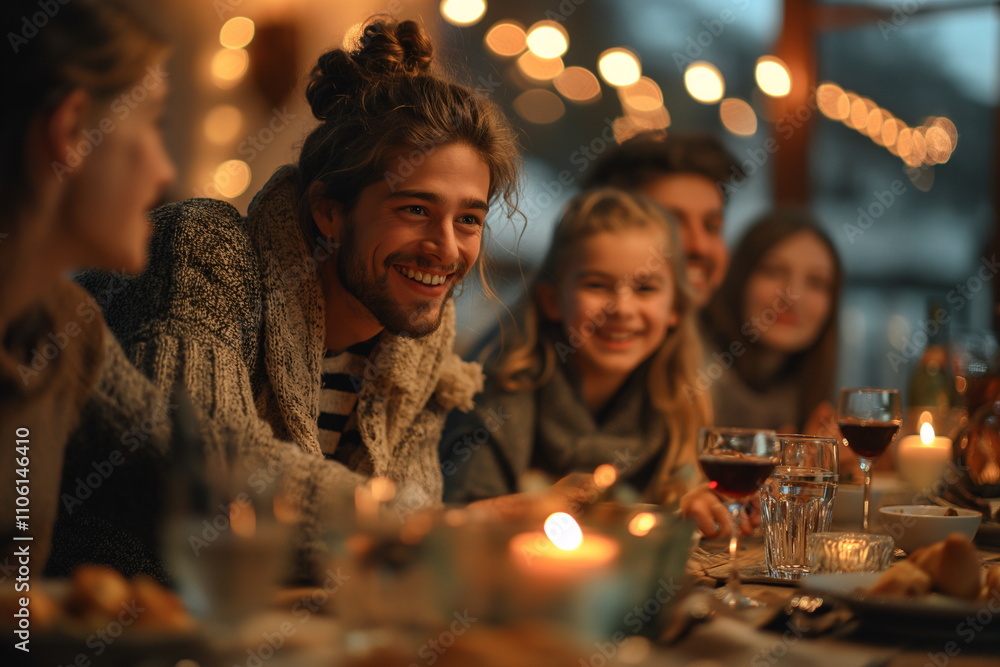 A group of friends share a joyful dinner at a restaurant, surrounded by warm ambient lighting. Laughter and conversation fill the air as they savor delicious food and drinks A group of friends share a joyful dinner at a restaurant, surrounded by warm ambient lighting. Laughter and conversation fill the air as they savor delicious food and drinks